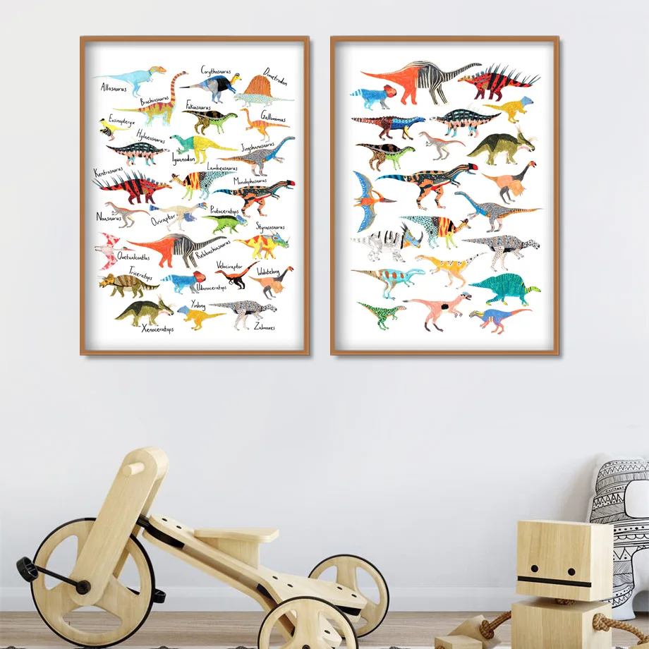 Cartoon Dinosaur Tyrannosaurus Rex Triceratops Dinosaur Animal Murale Art Canvas Painting Nordic Poster E Printmaking Murale Bab