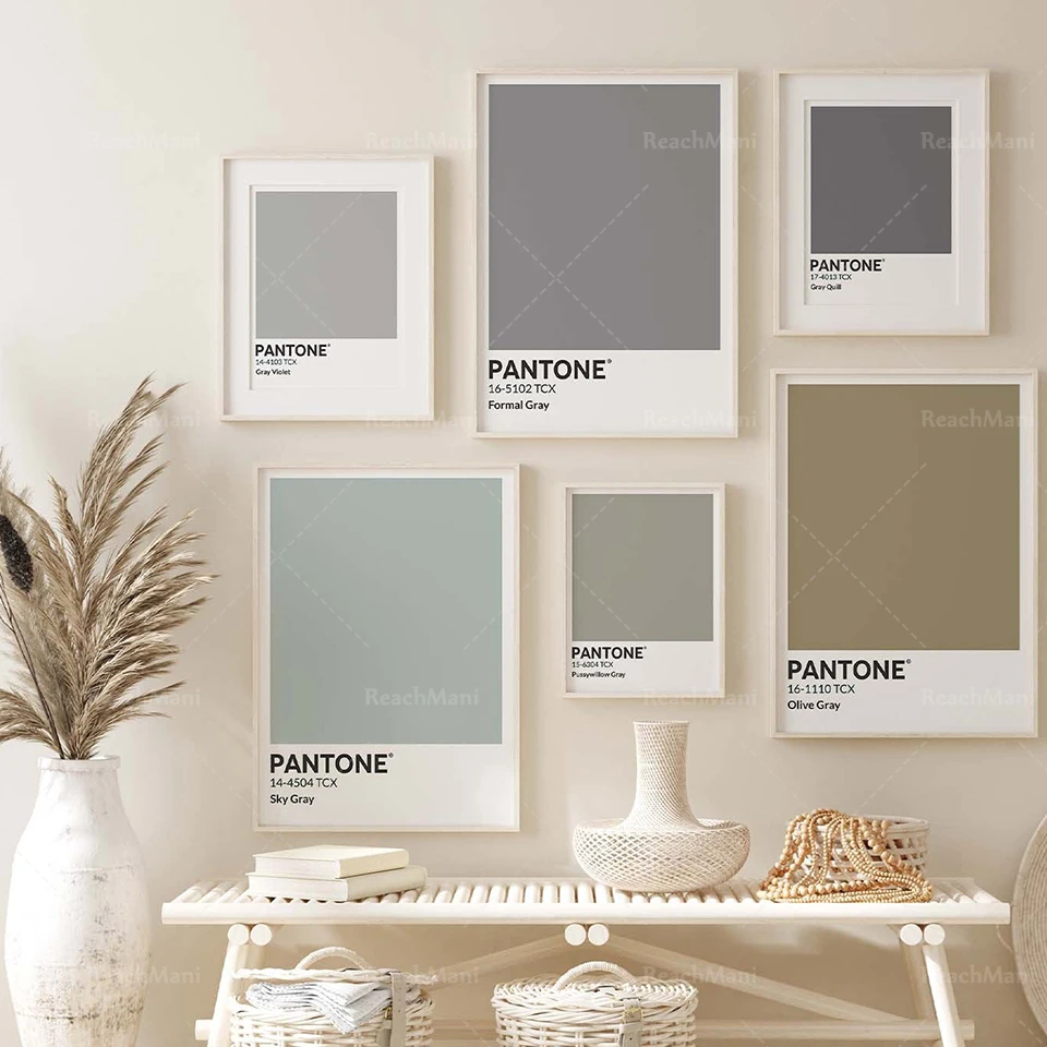 Set Di 6 Stampe Pantone Grey Colors, Mint, Green, Pastel, Olive, Light Print Set, Digital Poster Grey Colors Swatch