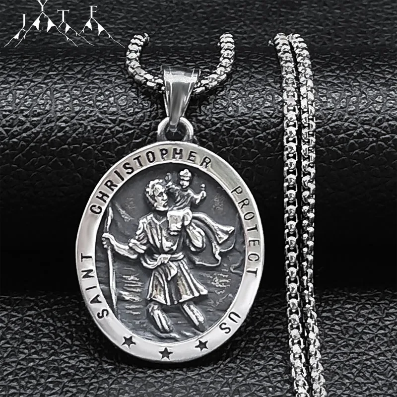 San Cristoforo Protect Us Cross Medal Collana In Acciaio Inossidabile Arcangelo Saints Protection Amuleto Collane Gioielli Nzz303S05