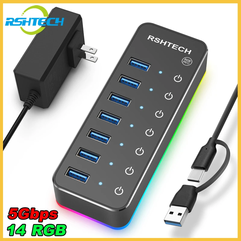Rshtech 518R Powered 5Gbps Usb C Hub 7 Porte Usb3.0 14 Modalità Rgb Led Strip 20W Adattatore Di Alimentazione Hub Usb Da Gioco In Alluminio Per Pc Lap