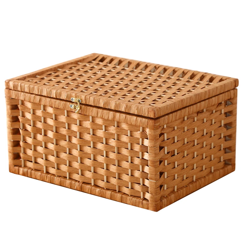 Caja De Almacenamiento De Mimbre De Papel, Caja De Escritorio Con Tapa Para Aperitivos, Acabado De Caja De Artimulos Varios