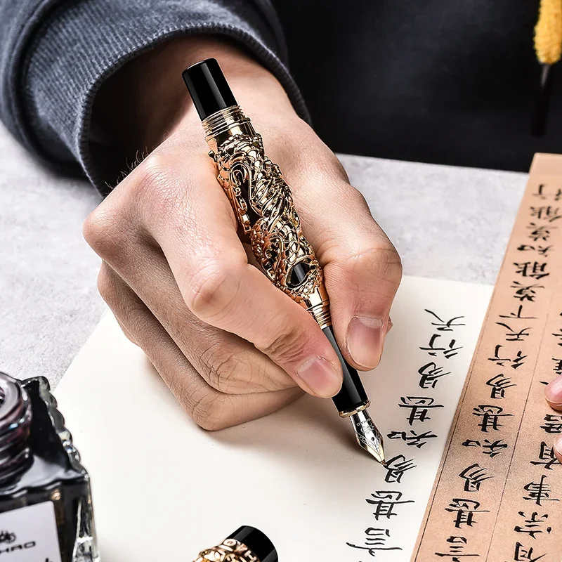 Jinhao Dragon E Phoenix Fountain Pen Double Dragon Giocare Pearl, Antico Grigio Metallo Intagliare Goffratura Pesante Penna Collezione