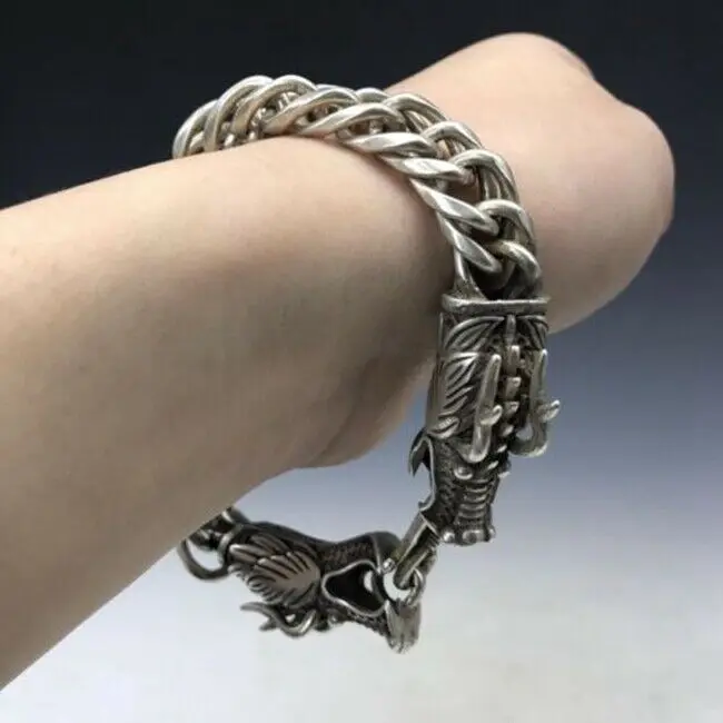 Collezione Old China Tibet Silver Squisito Doppio Bracciale Testa Di Drago