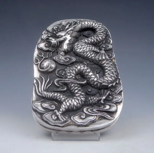 Collezionismo Tibetano Argento Carving Double Dragon Giocare Con La Perla Lastra Di Inchiostro