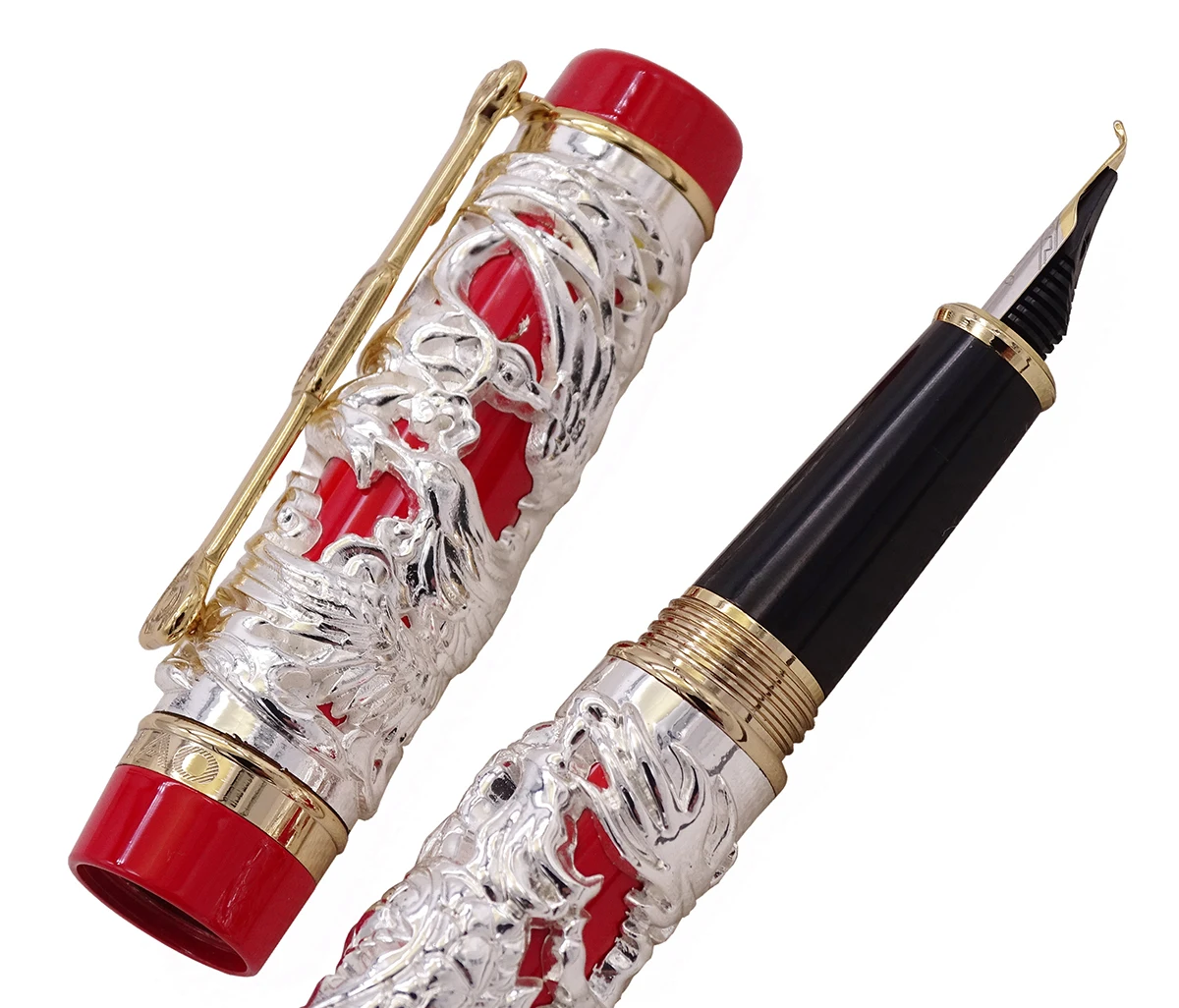 Jinhao Vintage Luxury Calligraphy Stilografica Pen Bent Nib Dragon Phoenix Full Metal Silver & Red Carving For Art Office Gift