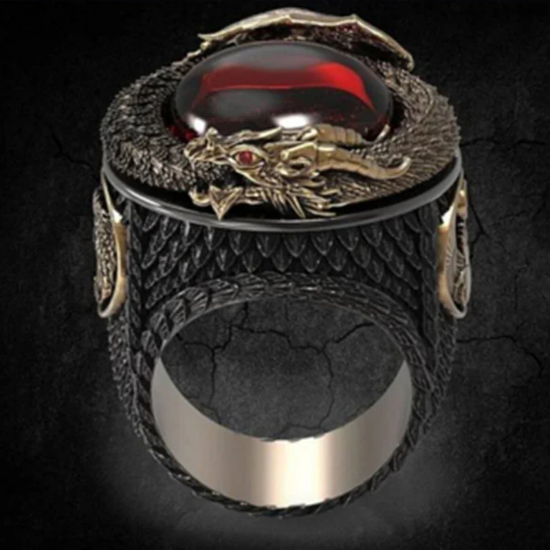 Prepotente Dragon Phoenix Gothic Rings For Men Wine Red Zircone Stone Ring Creative Wedding Party Steampunk Rings Gioielli Regali
