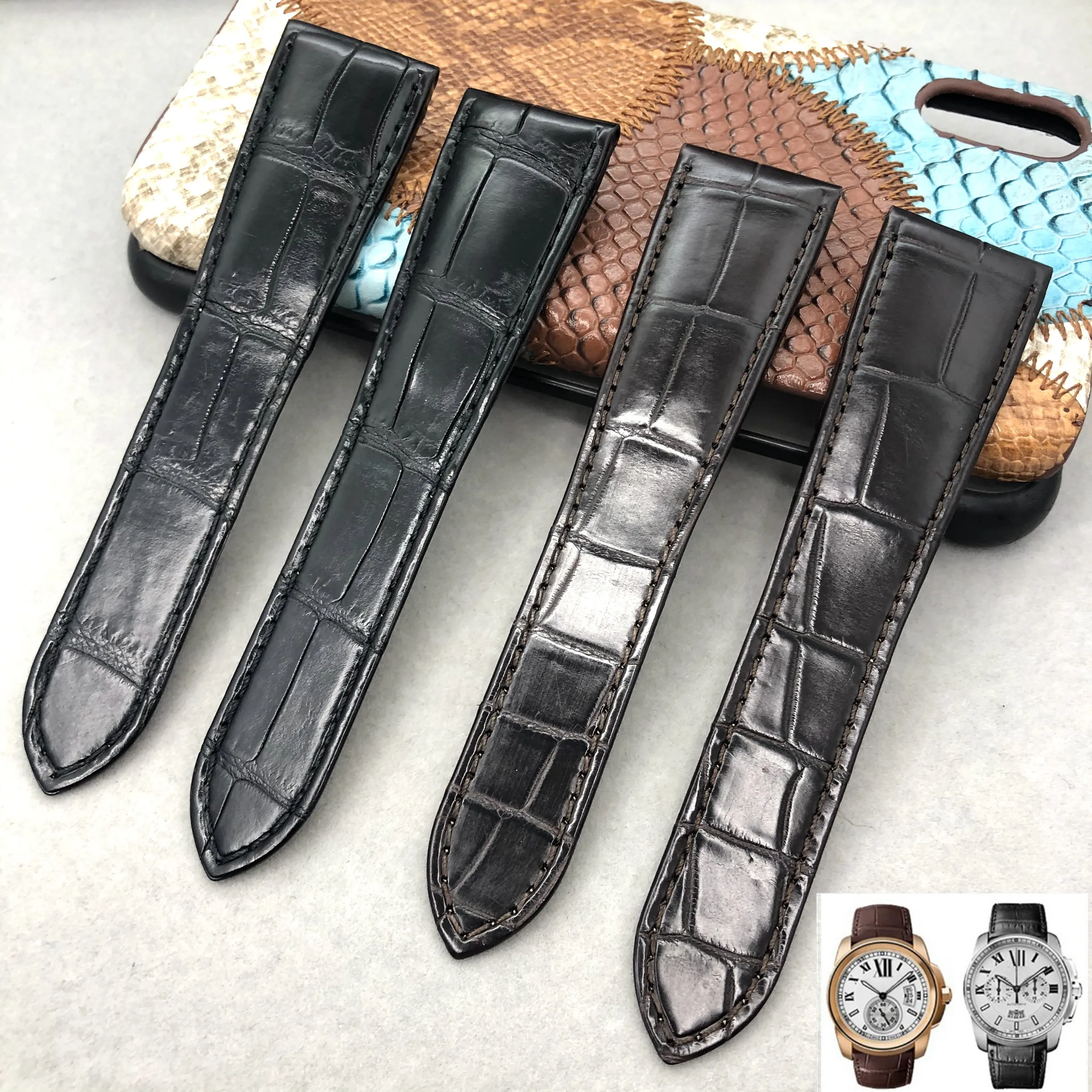 Cinturini In Pelle Da 24.5Mm Sostituisci Per Cartier Caliber De Diver W7100037 Tank W533300 03 Cinturino In Pelle Di Coccodrillo