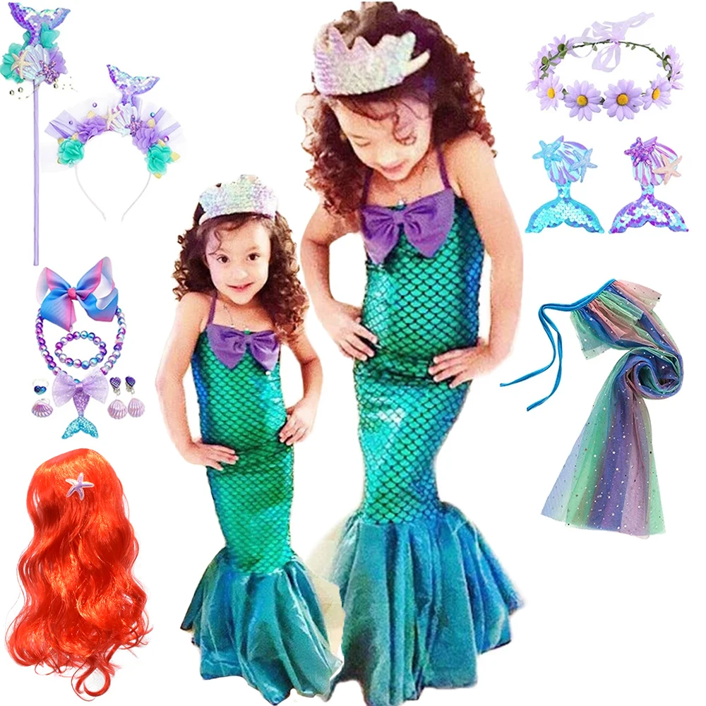 Party Girls Princess Ariel Dress Summer Festival Little Mermaid Costume Da Bagno Carnival Fairy Ariel Costume Bow Shoulderless Swimwear