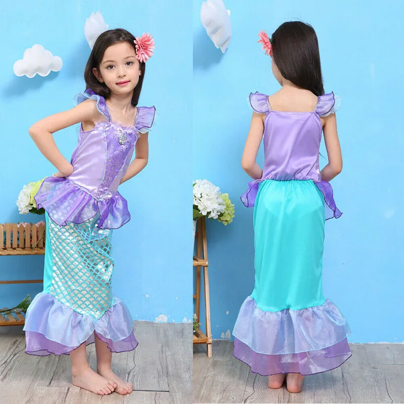 Girls Summer Cosplay Costume Light Purple Mermaid Shape Ruffle Sleeves Trumpet Dress For Little Kids 3-10 Years Swimwear