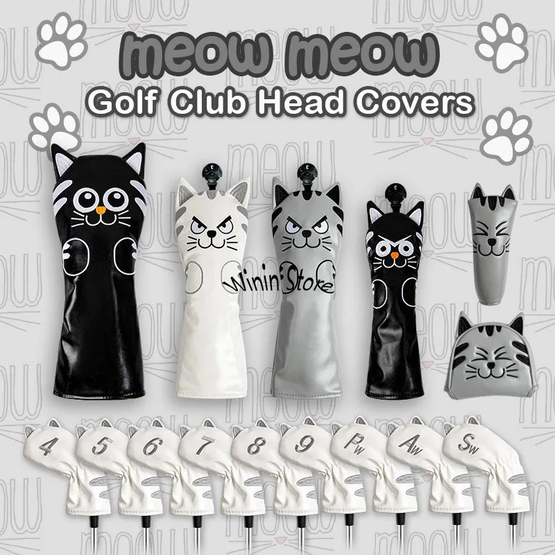 Lovely Black Cat Golf Headcovers Driver 460Cc Fairway Hybrid #1 #3 #5 #7 Magnatic Putter Cover Impermeabile Pu Leahter Durevole Cover