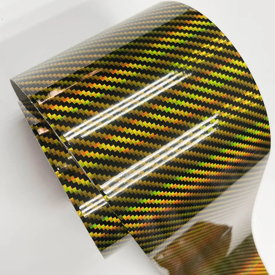10Cm Di Larghezza High Gloss Gold Holographic Carbon Vinyl Automotive Wrap Film Fai Da Te Facile Da Installare Decalcomania Adesiva