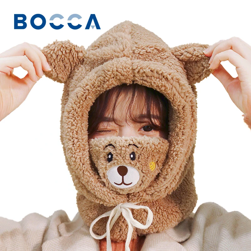 Bocca Cartoon Bear Lamb Beanie Hat Con Maschera Bear Ear Girl Women Warm Winter Skullies Addensato Sciarpa Protezione Per Le Orecchie Cap Gorras