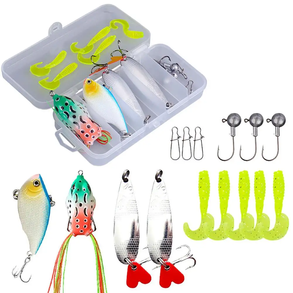 Nuovo 15Pcs Kit Di Esche Da Pesca Jig Hook Spoon Vib Hook Frog Soft Lure Tube Bait Plastica Fishing Lure Hooks Topwater Artificial