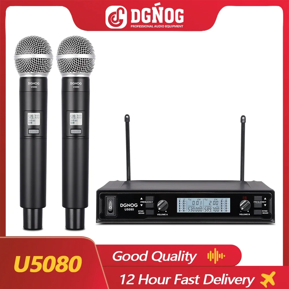 Sistema Microfonico Wireless Professionale A 2 Canali Uhf Dual Handheld Dynamic 80M Per Home Karaoke Singing Family Speakers Dgnog