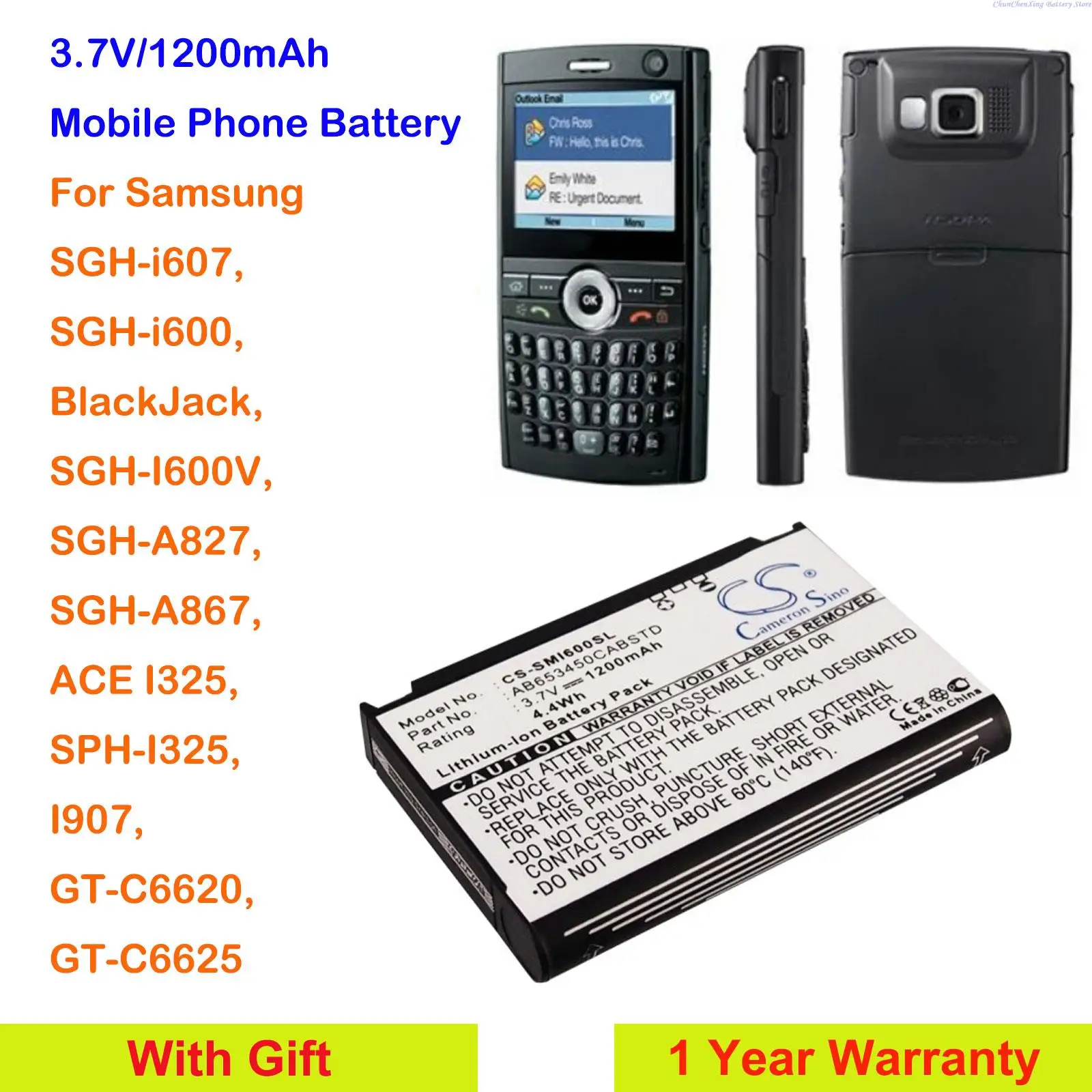 Cameron Sino 1200Mah Batteria Ab653450Ce,Ab663450Cu Per Samsung Sgh-I607,Sgh-I600,I600V,A827,A867,I325,I907,C6620,C6625,C6625V