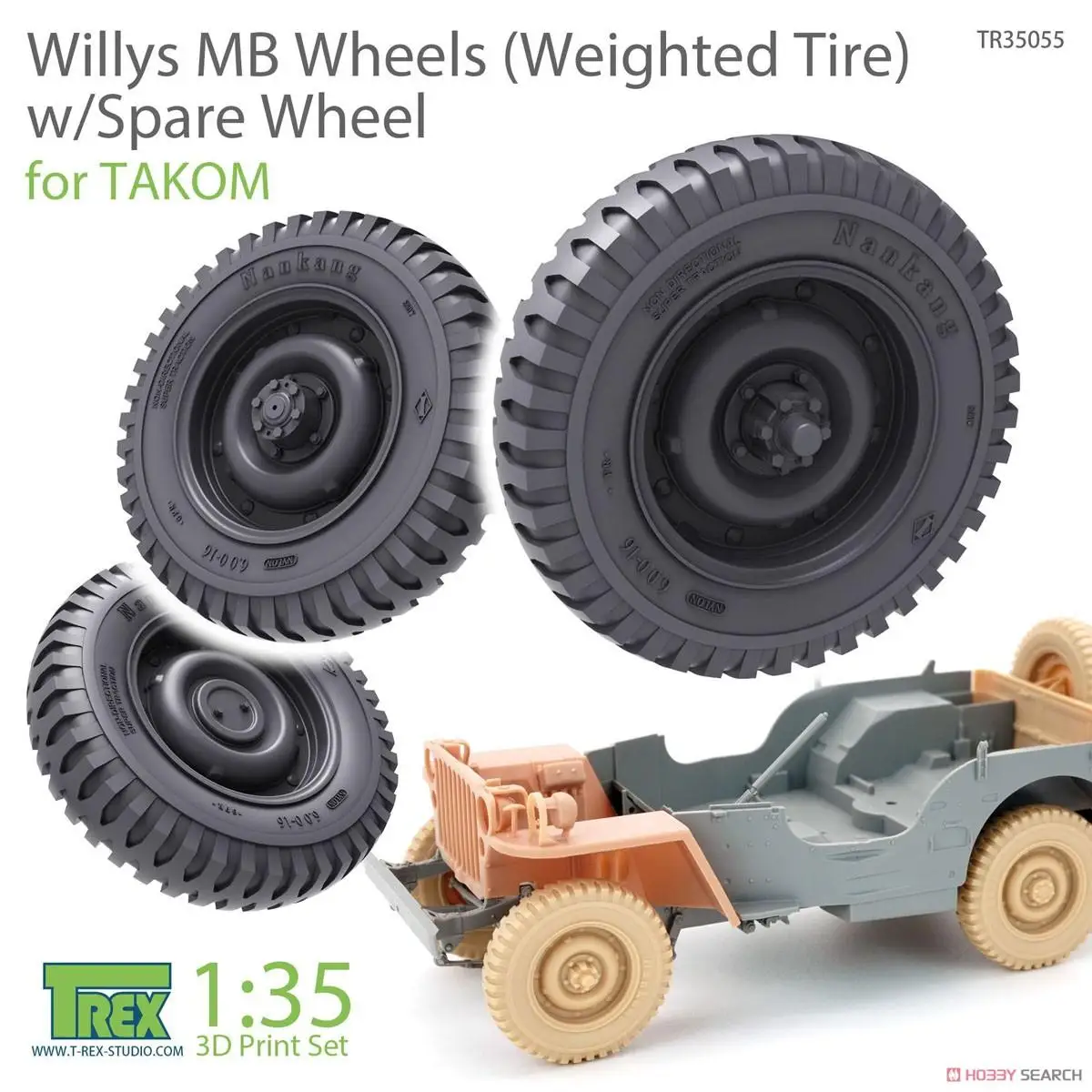 T-Rex 35055 1/35 Willis Mb Self-Weight Deformed Tire Set/With Spare Tire For Takom