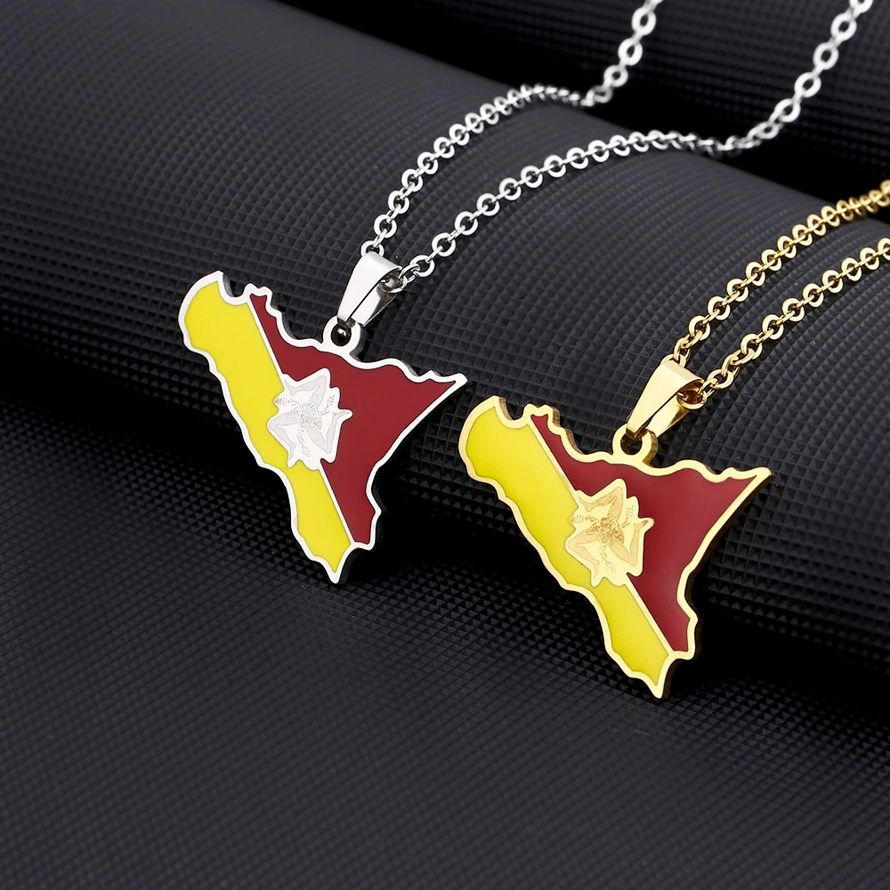 New Italy Sicilia Island Map Flag Collana Con Ciondolo In Acciaio Inossidabile Uomo Donna Mappa Etnica Gioielli Regalo Italiano