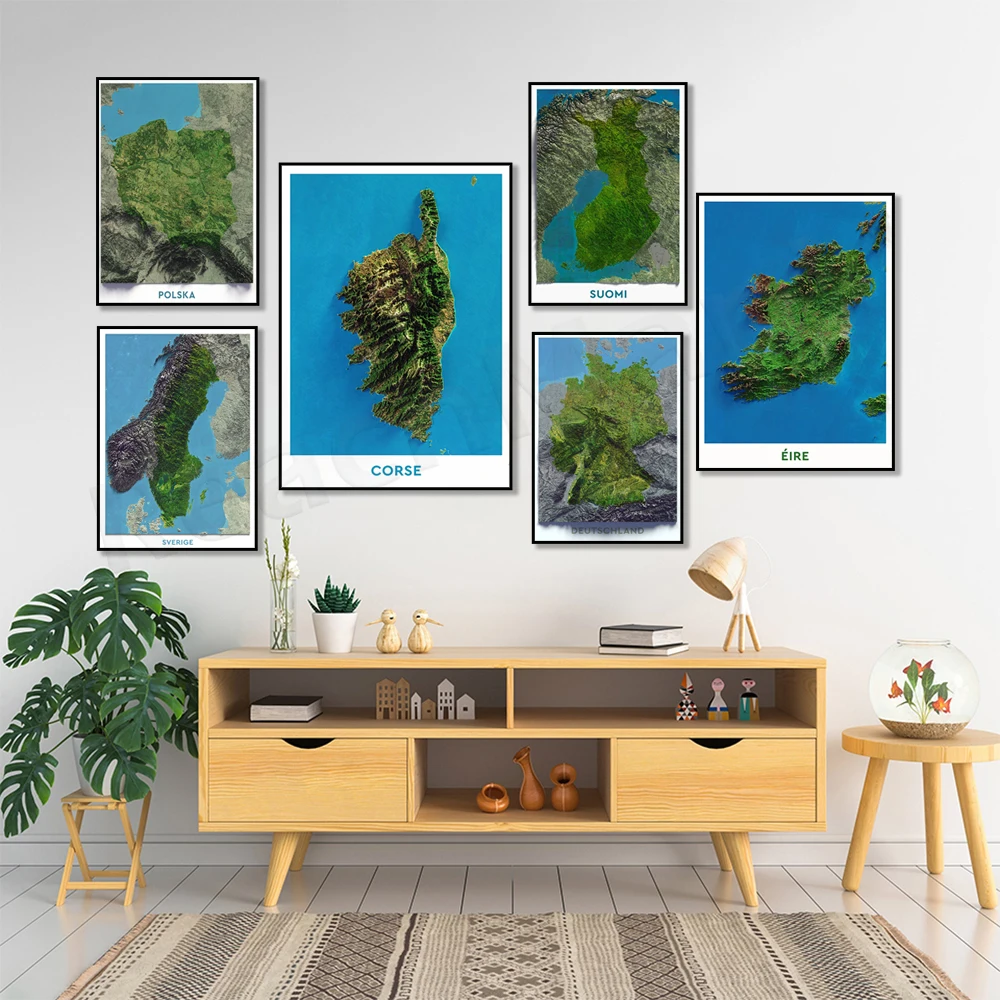 Finlandia, Italia, Svezia, Germania, Francia, Polonia, Danimarca, Irlanda Immagine Aerea Shadow Relief Map Terrain Canvas Print Poster