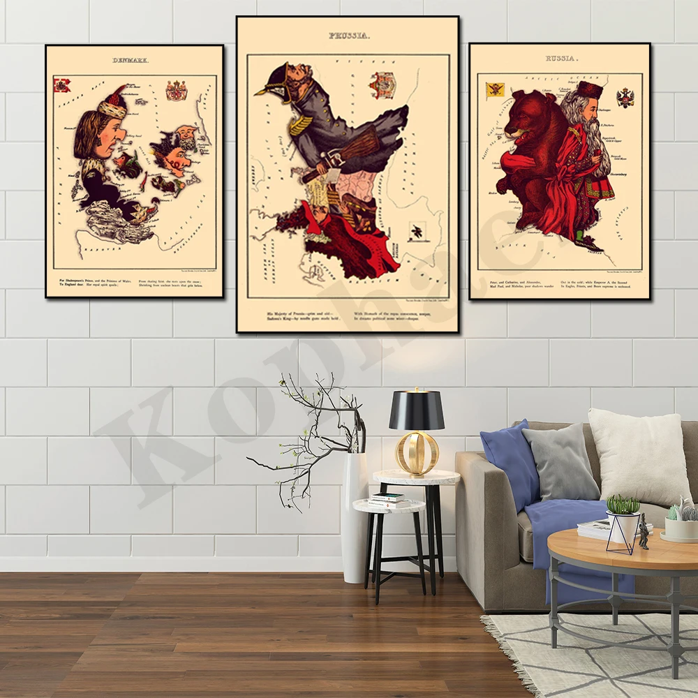Inghilterra Scozia Galles Irlanda Francia Italia Germania Prussia Danimarca Russia Spagna Belgio 1860S Retro Comic Map Poster