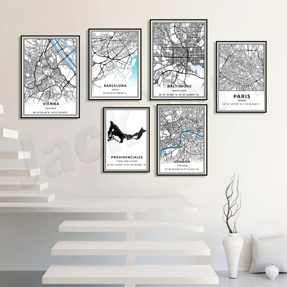 Barcellona, Unita Italia, Francia, Germania, Baltimore Maryland, Vienna Austria, Fornitura Turks E Caicos, Inghilterra Mappa Poster
