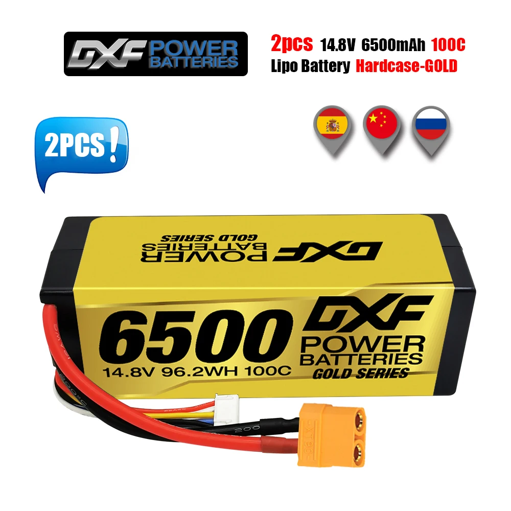 2 Pezzi Dxf 4S Lipo 14.8V Batteria Hardcase 6500Mah 5200Mah 100C 50C Akku Per 1:8 1:10 Rc Car E Buggy Truggy Truck Boat