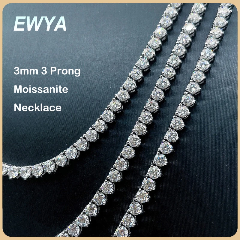 Ewya Real 3 Prong 3Mm Full Moissanite Tennis Collana Per Le Donne S925 Sterling Silver Diamond Neck Chain Collane Gioielleria Raffinata