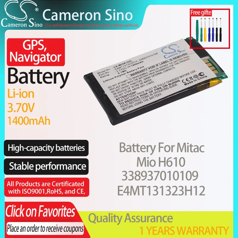 Batteria Cameronsino Per Mitac Mio H610 Per Mitac 338937010109 Gps Gps, Batteria Navigatore 1400Mah 3.70V Li-Ion Nero