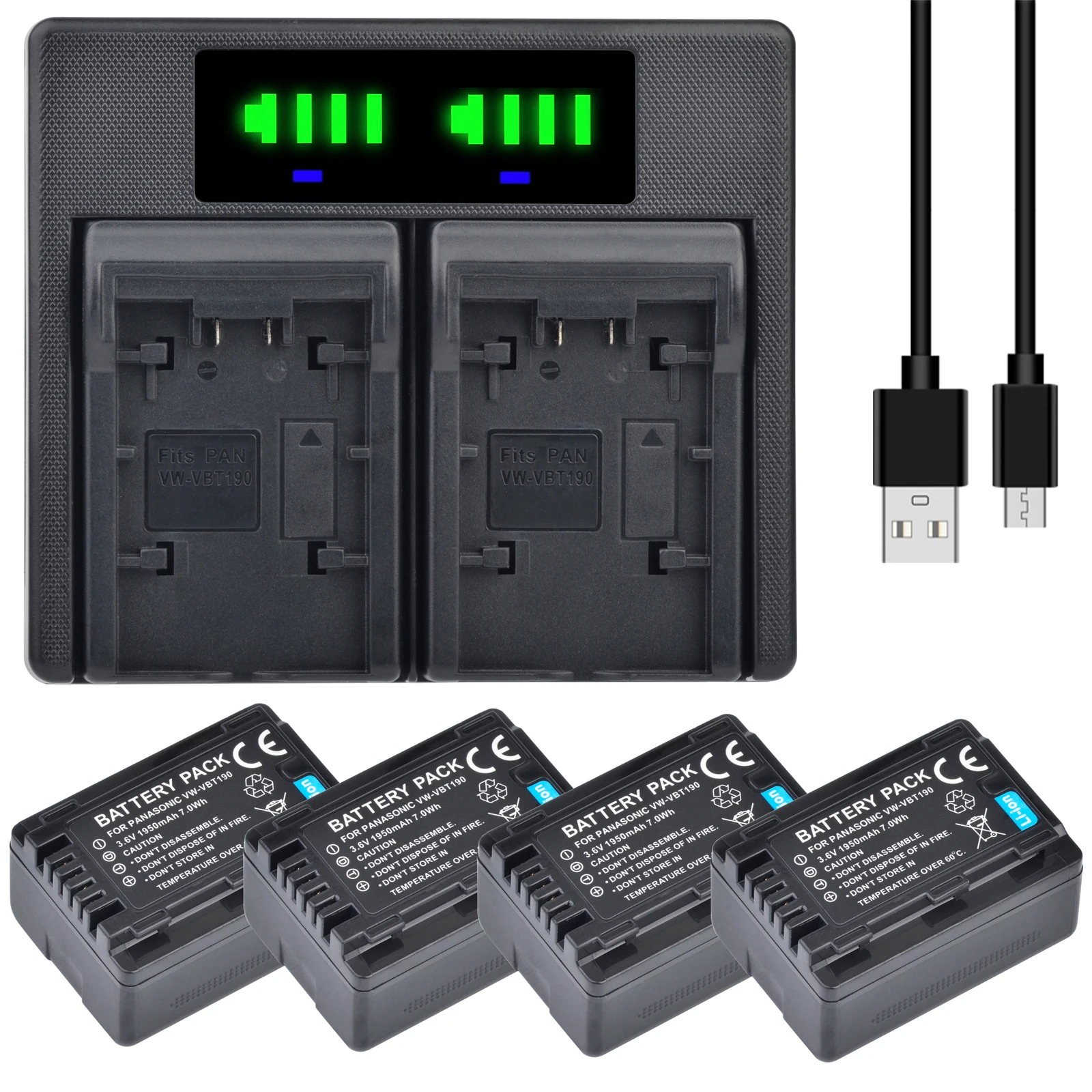 Vw-Vbt190 Vw Vbt190 + Led Usb Dual Charger Per Panasonic Hc-V160 Hc-V180 Hc-V201 Hc-V210 Hc-V770 Hc-Vx989 Hc-Vxf990 Hc-Vx1K Wxf1K
