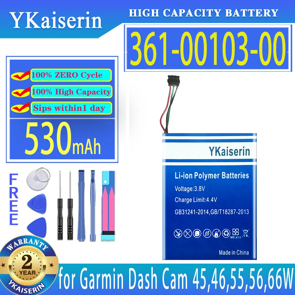 Ykaiserin 530Mah Batteria Di Ricambio 361-00103-00 Per Garmin Dash Cam 45 46 55 56 66W Registratore Di Guida