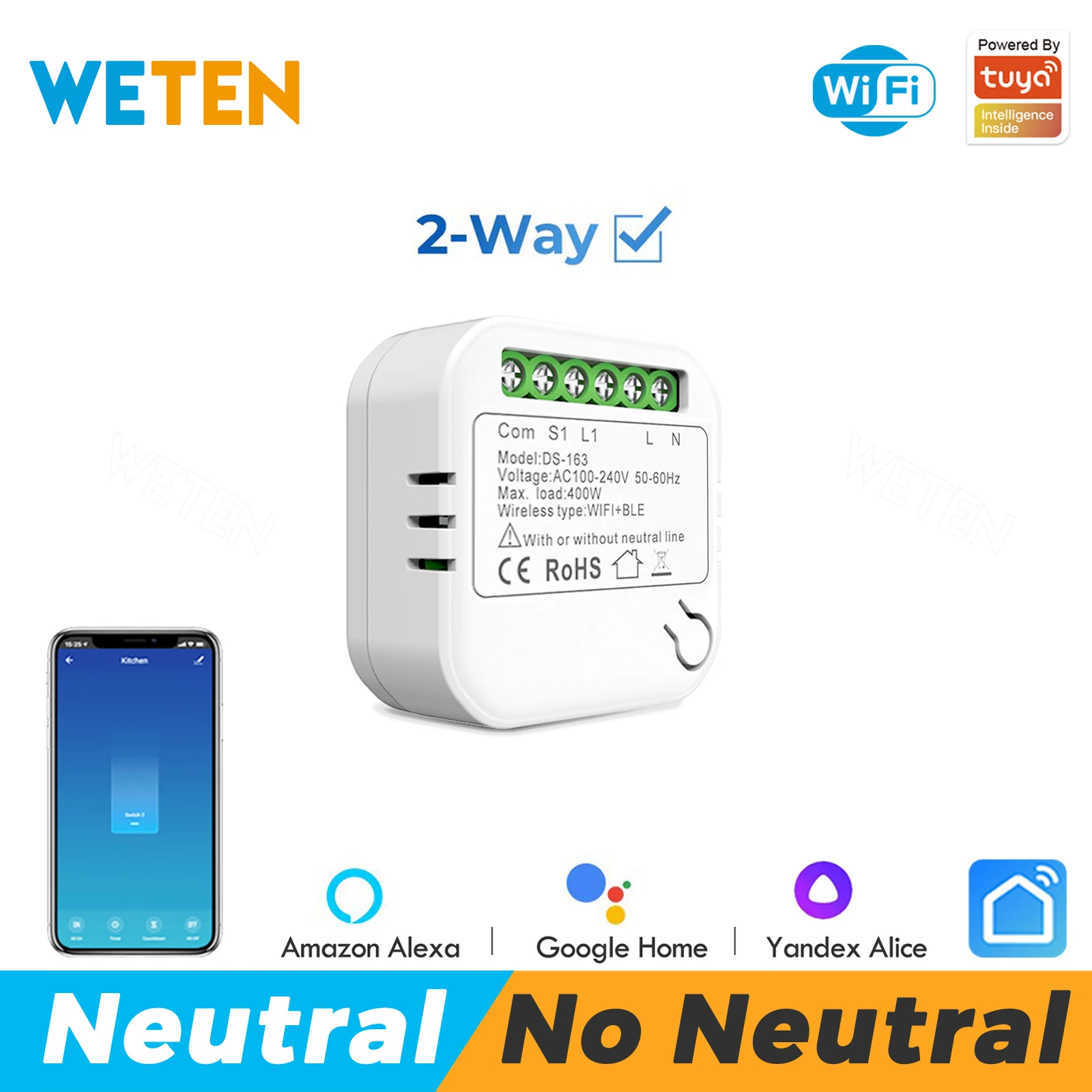 No Neutral Tuya Wifi Switch Module 2 Way Control Smart Life App Smart Home Interruptor Mini Switch Funziona Per Alexa Google Home