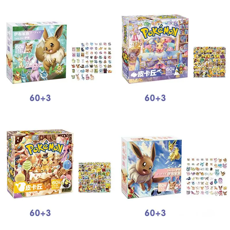 60 + 3 Pezzi Kawaii Pokemon Pikachu Eeveelution Account Sticker Confezione Regalo Anime Figure Water Proof Reuse Student Festival Gift