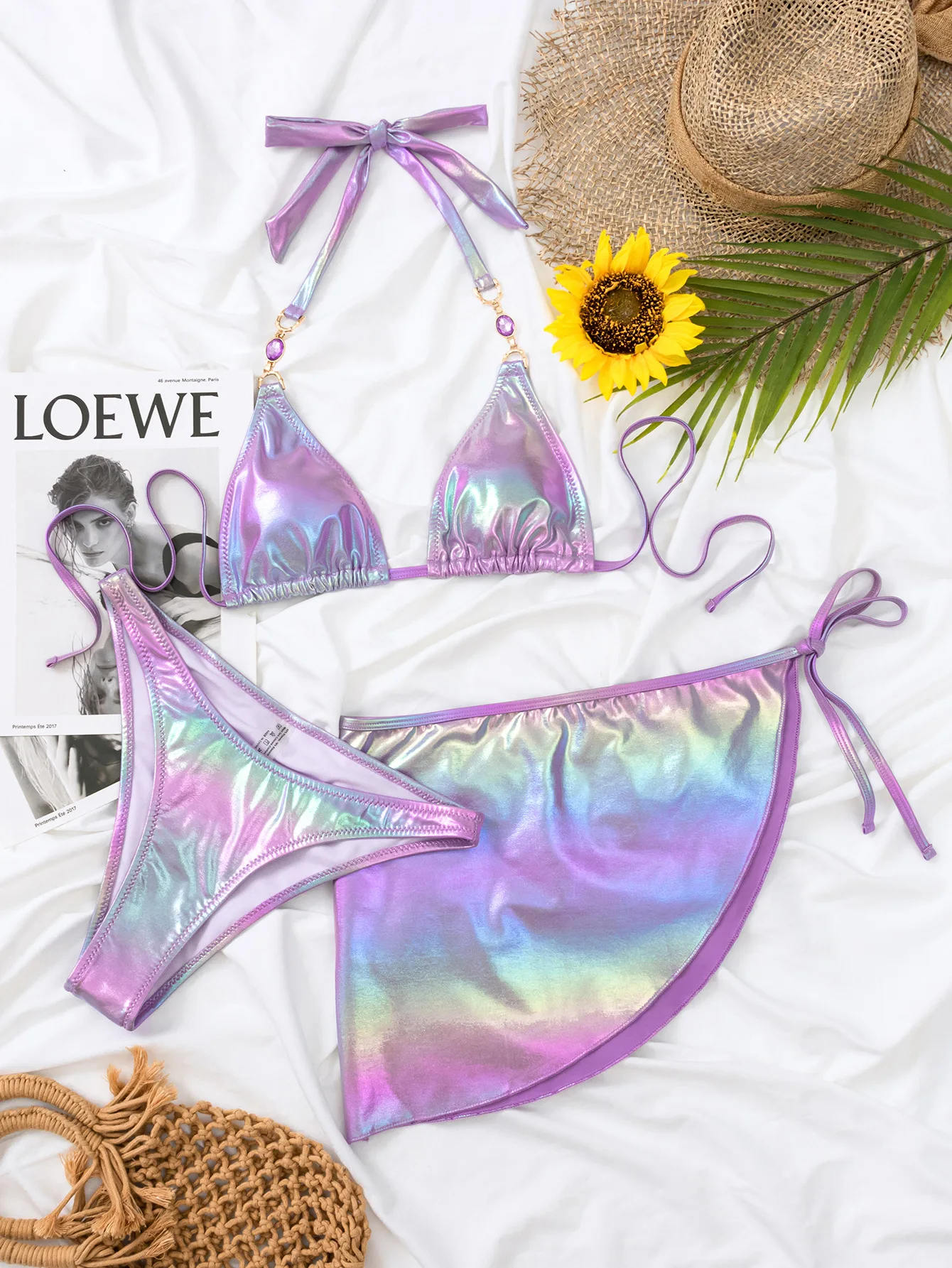 Sexy Viola Metallizzato Glitter Halter Bikini Set Tre Pezzi Con Copertura Gonna Perizoma Costumi Da Bagno Costumi Da Bagno Costumi Da Bagno Costumi Da
