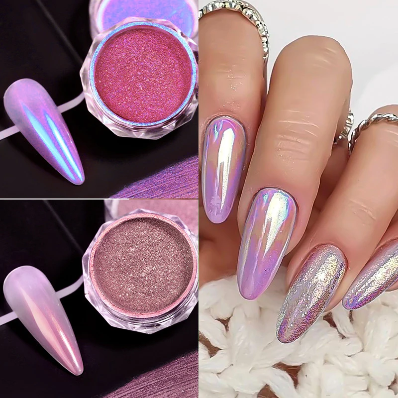 1Jar Aurora Pearl Nail Chrome Powder Rosa/Bianco/Viola Metallico Sfregamento Polvere Aurora Magic Mirror Manicure Powder