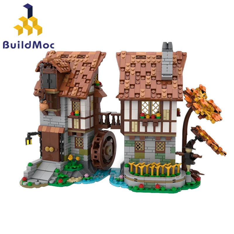 Moc Retro Medievale Black Falcons Watermill Building Blocks Kit Architettura Tavern Smilhy House Bricks Toy For Children Kid Gift