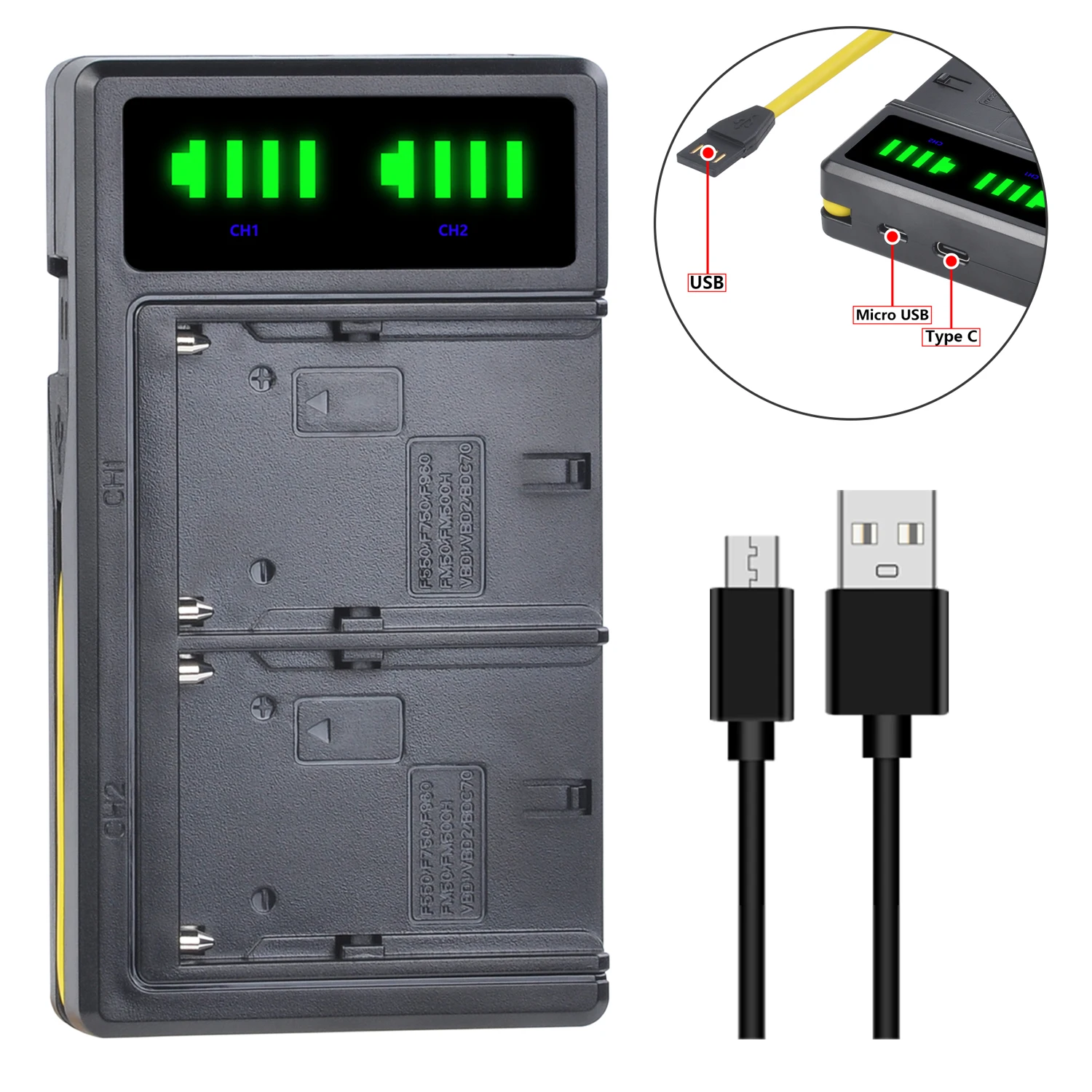 Caricabatteria Digitale Rapido Usb Lcd A Doppio Canale Per Sony F Series Np-F970 F750 F960 F550 Fm500H Fm50 Fm70 Fm90 Qm71D Qm91D