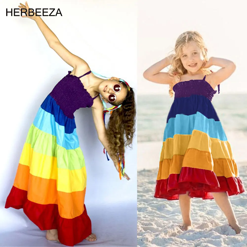 Rainbow Stripes Family Matching Outfits Dress Mommy And Me Summer Mini Family Costume Princess Dresses Mother Kids Family Look