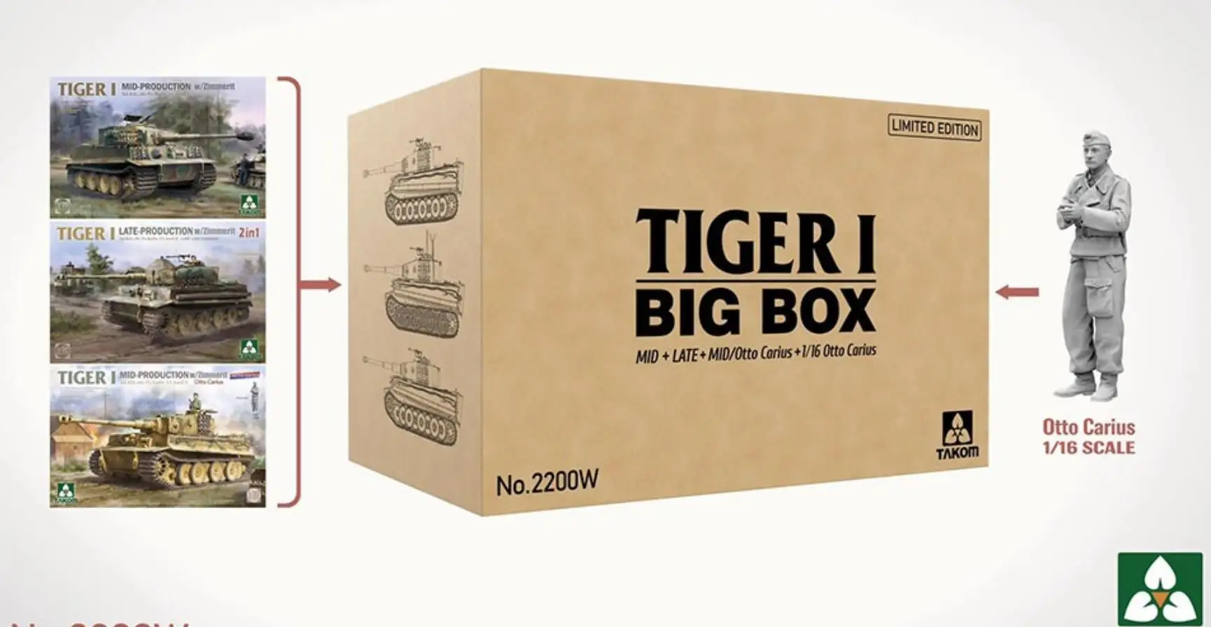 Takom 2200W Scala 1/35 Tiger I 'Big Box' (Tko2198 + Tko2199 + Tko2200 + 1/16 Otto Carius) Kit Modello In Edizione Limitata