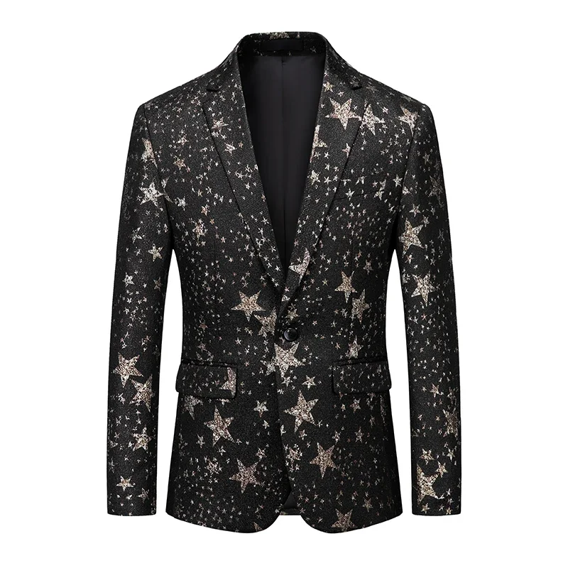Yasuguoji Styish Star Pattern Dress Blazers Men 2022 New Peak Laple One Button Party Prom Singer Tuxedo Suit Jacket Mens Blazer