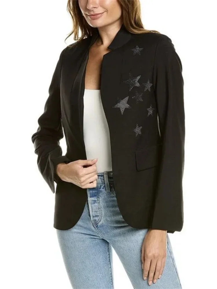 Blazer For Ladies 2023 New Hot Strass Stars Stand Collar Back Fessura Pendolare Manica Lunga Cappotto