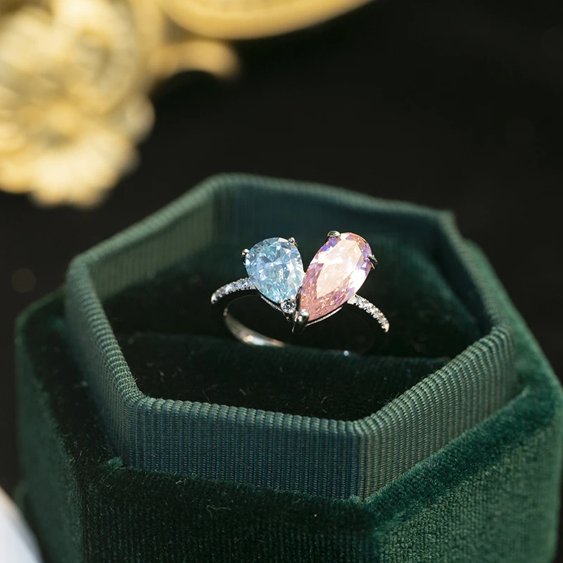 New Sterling Silver 925 Shallow Sea Sapphire And Pink Crystal Heart-Shaped Rings For Women Sweet Romantic Light Luxury Jewelry
