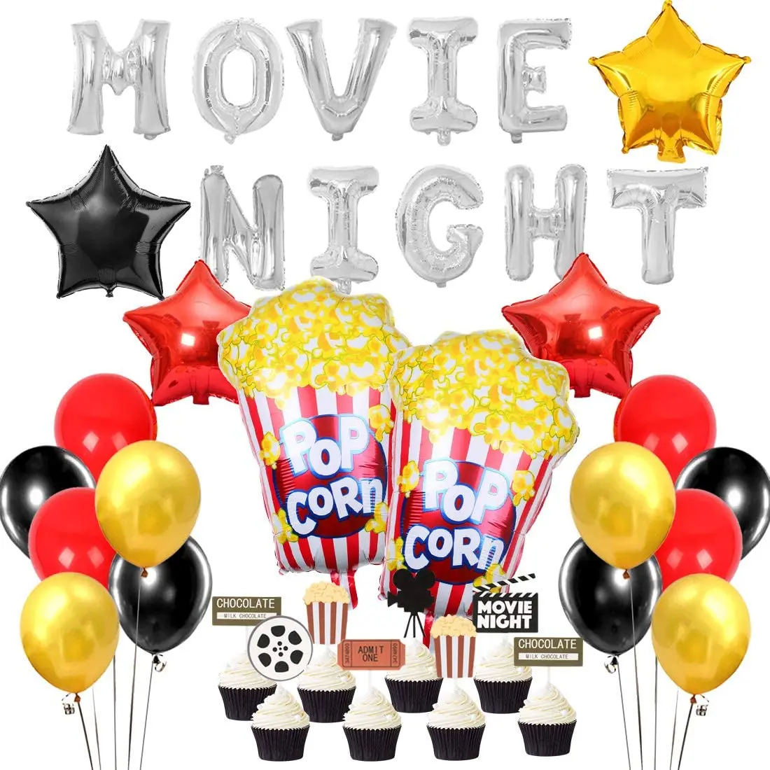 Film Night Party Decoration Popcorn Star Foil Balloons For Boy Hollywood Theme Cinema Time Cinema Time Party Supplies