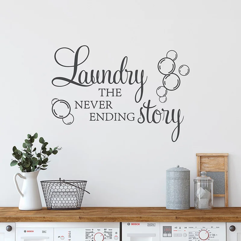 Adesivo Murale Lavanderia La Storia Senza Fine Citazioni Con Bolle Adesivi Murali Vinile Decorazioni Per La Casa Segno Biancheria Da Parati Parole S49