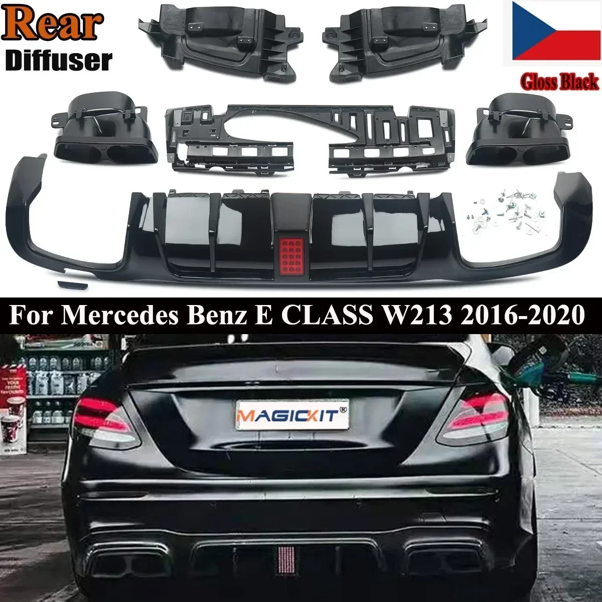 Magickit Per Mercedes Classe E W213 16-20 Brabus Look Diffusore Posteriore Nero Lucido + Tubi Posteriori Stile F1
