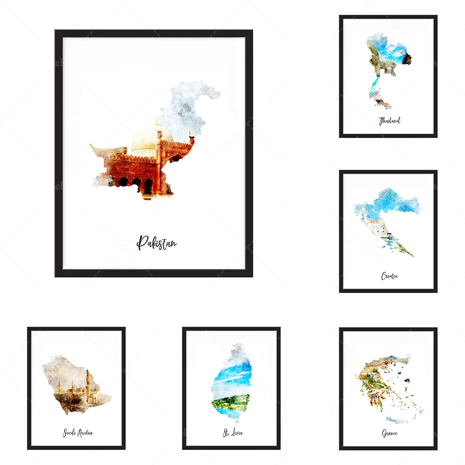 Libye Aquarelle Carte Imprimer-Etat, Carte Paga, Carte, Voyage, Impression, Affiche Murale Art Home Decor Grand Mur Art Gelle