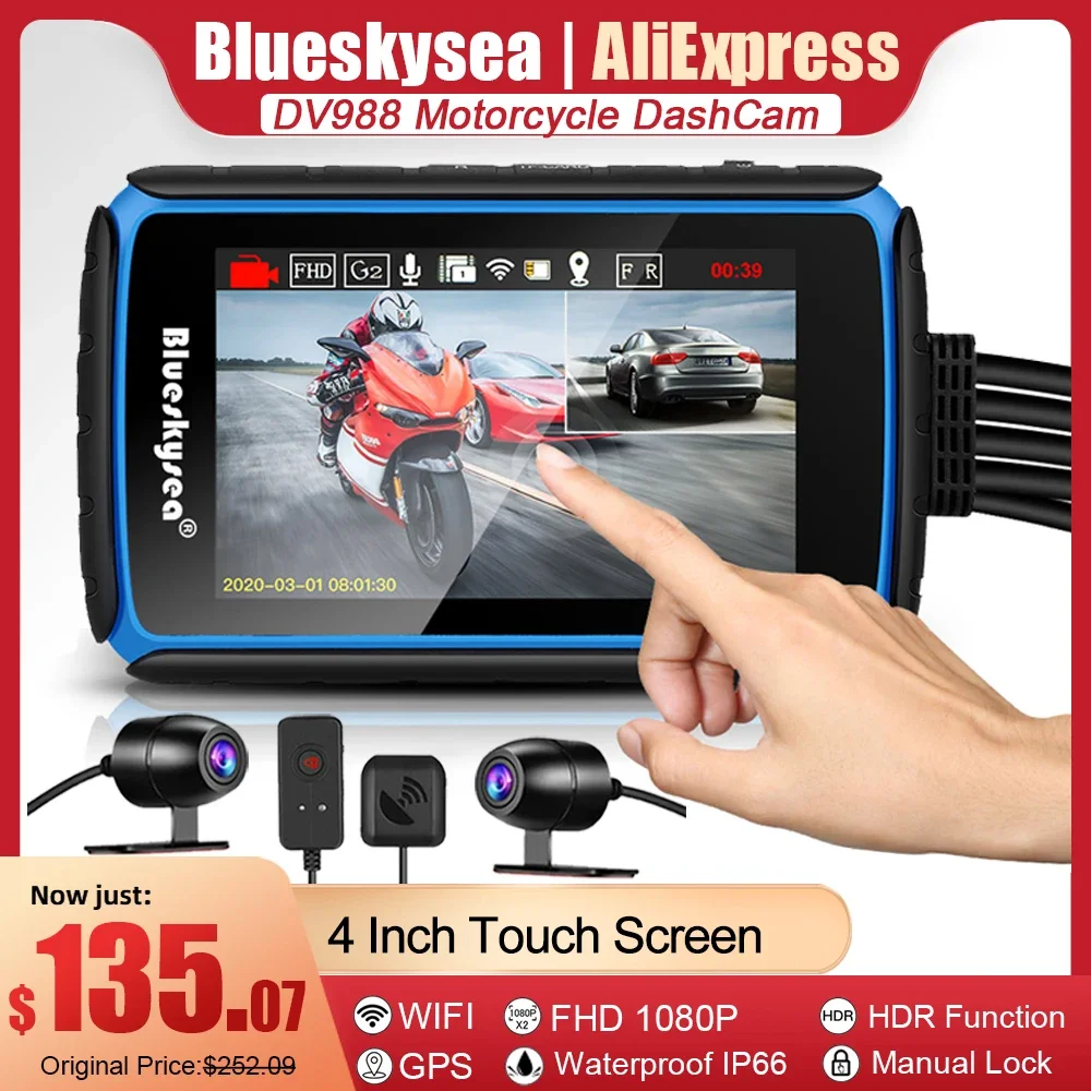 Blueskysea Dv988 4 "Full Touch Screen Fotocamera Moto Wifi Gps Moto Dvr 1080P Dual Lens Impermeabile Moto Dash Cam Recorder
