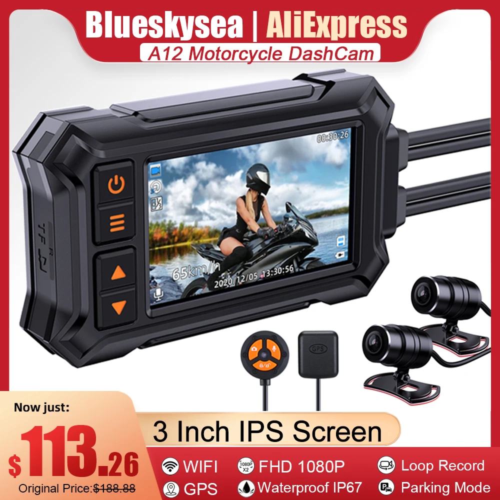 Blueskysea A12 Fotocamera Per Moto 3 Pollici Wifi Gps Moto Dvr Dual 1080P Impermeabile Ip67 Moto Dash Cam Recorder Black Gps Box
