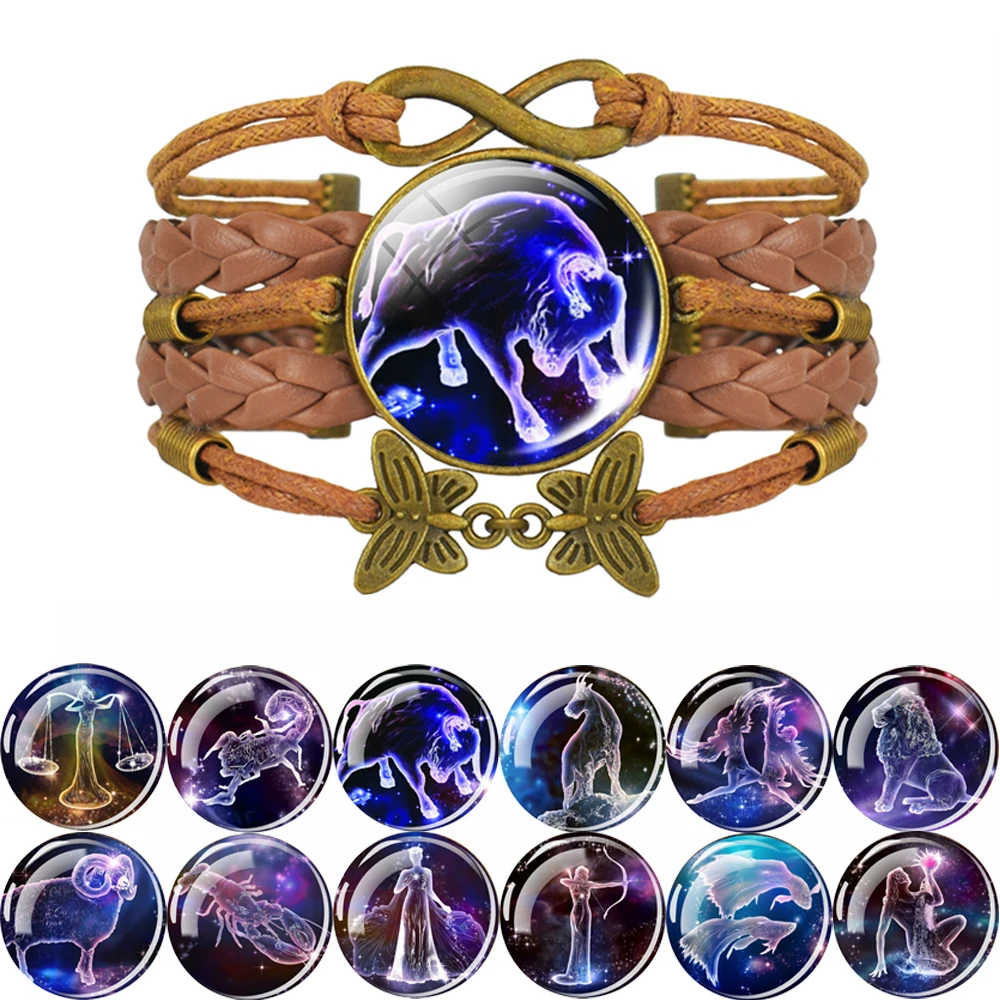 Retro Brown Bracelet Twelve Constellations Bracelet 12 Zodiac Signs Glass Cabochon Bracelet Fine Jewelry Bracelet For Women