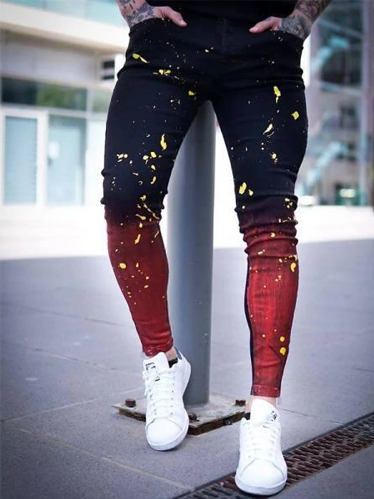 Nero Rosso High Street Gradient Mens Hip Hop Vernice Jeans Denim Moda Biker Slim Fit Strappato Jeans Skinny Uomo Taglia S-3Xl