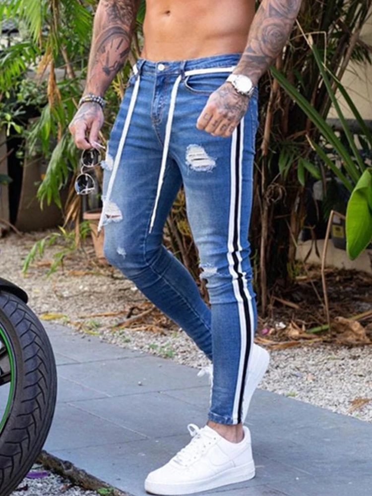 Strisce Per Jeans Bike Skinny Jeans Uomo Stretch Denim Pantaloni Elastico In Vita Grande Formato Europeo S-4Xl Casual Sandbeach Uomo Pantaloni