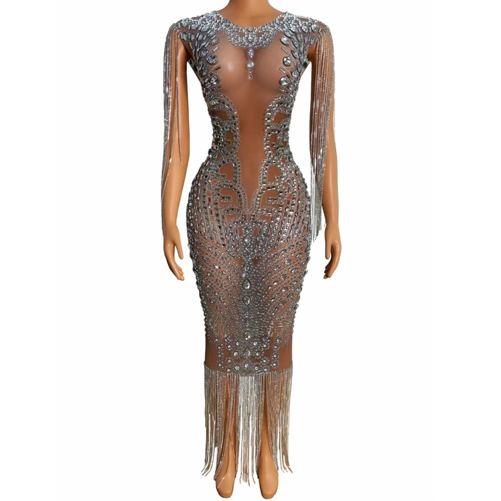 Cristallo Scintillante Brillante Strass Nappa Marrone Senza Maniche Donne Sexy Vestito Pole Prom Dance Abbigliamento Stage Singer Costume